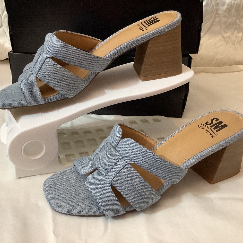 NWOT SM New York‎ Denim blue slip ons chunky heel open toe